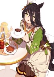 1girl ahoge animal_ears apron black_hair brown_skirt chair coffee cup elbow_rest feet_out_of_frame green_kimono hair_between_eyes highres holding holding_saucer horse_ears horse_girl horse_tail japanese_clothes kimono long_hair long_sleeves looking_at_viewer manhattan_cafe_(umamusume) manhattan_cafe_(verdant_night)_(umamusume) official_alternate_costume official_alternate_hairstyle open_mouth plate saucer sitting skirt solo steam table tail teapot uki_kumo umamusume waist_apron yellow_eyes