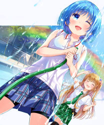 2girls ;d artist_request asahina_momoko blue_eyes blue_hair blue_skirt brown_hair day girlfriend_(kari) green_neckwear green_skirt hazuki_yuzuko hose lstanding multiple_girls one_eye_closed open_mouth outdoors plaid_clothes plaid_skirt polo_shirt pool poolside red_eyes school school_uniform shirt shoes short_hair sitting skirt smile socks spraying_water tagme wet wet_clothes white_shirt