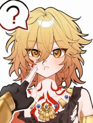 ! 2boys aged_down black_gloves black_shirt blonde_hair blush bpvddmhe0g80773 cheek_poking chest_tattoo commentary_request earrings facial_tattoo fingerless_gloves gloves gold_earrings gold_necklace gradient_hair hair_between_eyes honkai:_star_rail honkai_(series) jewelry looking_at_viewer male_focus medium_hair multicolored_hair multiple_boys mydei_(honkai:_star_rail) necklace phainon_(honkai:_star_rail) poking red_hair red_tattoo shirt simple_background sleeveless sleeveless_shirt solo_focus spoken_exclamation_mark tattoo torn_clothes torn_shirt white_background yellow_eyes