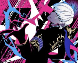 1boy armor black_gloves blue_eyes colored_skin earrings electricity fate/grand_order fate_(series) from_behind gloves grey_skin highres indra_(fate) jewelry male_focus pauldrons shoulder_armor single_pauldron smile ujiharu white_hair