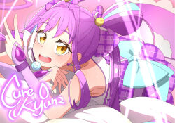 Rule 34 | 1girl, blue hair, blush, bow, character name, commentary, cure kyunkyun, hair bun, highres, jagili noe, kimi to idol precure, long hair, looking at viewer, lying, magical girl, multicolored hair, on stomach, precure, purple bow, purple hair, purple wrist cuffs, solo, twintails, two-tone hair, v, wrist cuffs, yellow eyes