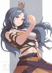 1girl absurdres arm_ribbon blue_hair chirizuka_ubame clenched_hand cowboy_shot crop_top dress hand_on_own_hip headpiece highres midriff multicolored_dress navel orange_skirt orange_tank_top purple_eyes ribbon skirt smile smirk solo stomach tank_top torn_clothes torn_dress touhou two-tone_tank_top waist_ribbon wanko_sora