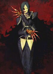 Rule 34 | 1boy, ambiguous red liquid, ascot, belt, black cape, black hair, blue jacket, blue pants, bone, brown belt, cape, closed mouth, collared shirt, colored skin, dress pants, fate/grand order, fate (series), feet out of frame, half mask, hand up, horror (theme), jacket, knife, legs together, long sleeves, looking at viewer, male focus, mask, medium hair, official art, pants, parted bangs, phantom of the opera (fate), red background, red eyes, red skin, revision, shima udon, shirt, solo, standing, third-party source, torn cape, torn clothes, variant set, white ascot, white mask, white shirt, wing collar