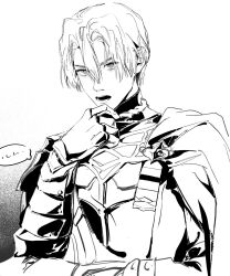 Rule 34 | 1boy, arm up, armor, bomm 33, collared shirt, curtained hair, dimitri alexandre blaiddyd, finger to own chin, fire emblem, fire emblem: three houses, gauntlets, greyscale, hair behind ear, highres, looking ahead, male focus, monochrome, nintendo, open mouth, school uniform, shirt, short hair, side cape, simple background, solo, speech bubble, teeth, upper body, white background