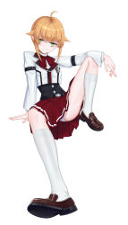 1girl absurdres ahoge bags_under_eyes belt black_corset blonde_hair closed_mouth corset cropped_jacket expressionless eyebrows_hidden_by_hair flat_chest full_body green_eyes highres jacket knee_up loafers looking_at_viewer medium_hair mushoku_tensei neck_ribbon norn_greyrat panties panty_peek pleated_skirt ranoa_magic_academy_school_uniform red_ribbon red_skirt ribbon school_uniform shoes simple_background sitting skirt socks solo underwear user_skwc5555 white_background white_jacket white_panties white_socks