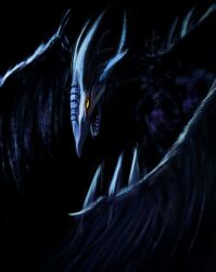 1other absurdres black_background crain1art dragon dragon_horns dragon_wings duel_monster facing_to_the_side feathered_wings flapping flying highres horns looking_to_the_side muted_color no_humans open_mouth photo-referenced purple_trim roaring spot_color spread_wings stardust_dragon upper_body wings yellow_eyes yu-gi-oh! yu-gi-oh!_5d&#039;s