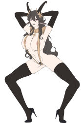 Rule 34 | absurdres, animal ears, arknights, arms behind head, bare shoulders, black hair, bowlegged pose, cas/kas, grey lips, highres, hildegard grimmacht, horns, long hair, pubic hair, purple eyes, sheep ears, sheep girl, sheep horns
