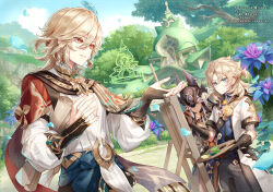 3boys albedo_(genshin_impact) animal_hat aqua_eyes black_gloves blonde_hair blue_petals blue_shirt blue_sky building closed_mouth coat commentary cowboy_shot cyno_(genshin_impact) dark-skinned_male dark_skin day earrings english_commentary falling_petals flower fylus genshin_impact gloves hair_between_eyes hands_up hat holding holding_paint_palette holding_paintbrush holographic_interface jewelry kaveh_(genshin_impact) long_hair looking_at_another male_focus medium_hair multiple_boys open_mouth outdoors paint_palette paintbrush painting_(action) pants parted_lips petals red_eyes shirt sky tree twitter_username vision_(genshin_impact) white_coat white_hair
