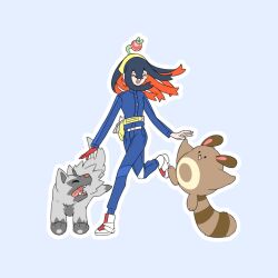 1girl applin black_hair blue_jacket carmine_(pokemon) closed_eyes colored_inner_hair crossed_bangs eyelashes fangs furret gen_2_pokemon gen_3_pokemon gen_8_pokemon gloves h1na3 hair_between_eyes hairband highres jacket long_hair long_sleeves multicolored_hair nintendo open_mouth pokemon pokemon_(creature) pokemon_sv poochyena red_gloves red_hair shirt single_glove smile two-tone_hair yellow_hairband