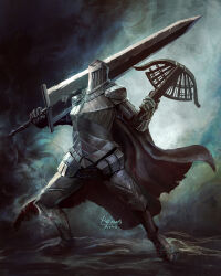 1other ambiguous_gender armor artist_request black_armor black_cape blackgaol_knight bow_(weapon) breastplate cape commentary_request crossbow elden_ring elden_ring:_shadow_of_the_erdtree full_armor gauntlets gradient_background greatsword grey_background helm helmet highres holding holding_crossbow holding_sword holding_weapon long_sleeves non-web_source over_shoulder repeating_crossbow signature sword sword_over_shoulder weapon weapon_over_shoulder