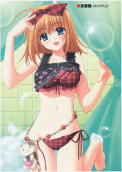 Rule 34 | 00s, 1girl, absurdres, ahoge, barefoot, bikini, blue eyes, blush, bow, bra, bubble, female focus, fuyou kaede, heart, heart print, highres, lingerie, navel, nishimata aoi, orange hair, panties, plaid bikini, plaid bow, plaid bra, plaid clothes, plaid panties, scan, short hair, shuffle!, side-tie panties, solo, stomach, stuffed animal, stuffed cat, stuffed toy, swimsuit, underwear, underwear only, untied