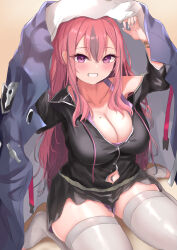 1girl absurdres ana_(vvvvor) arms_up azur_lane black_jacket black_shorts blush bracelet breasts bremerton_(azur_lane) bremerton_(relaxation_consultation)_(azur_lane) cleavage clothing_cutout collarbone commentary drawstring gold_bracelet grey_hair hair_between_eyes hair_down highres jacket jacket_on_head jacket_over_head large_breasts long_hair looking_at_viewer mole mole_on_breast mole_under_eye multicolored_hair nail_art navel navel_cutout navel_piercing off_shoulder official_alternate_costume official_alternate_hairstyle parted_lips piercing pink_eyes pink_hair purple_tank_top shadow short_shorts shorts sidelocks single_bare_shoulder sitting skindentation smile solo streaked_hair tank_top thighhighs toeless_legwear two-tone_hair wariza white_thighhighs