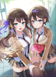 Rule 34 | 1boy, 2girls, bento, black thighhighs, blazer, blue eyes, blush, bow, breasts, brown hair, brown jacket, collared shirt, hair ornament, hair ribbon, highres, holding bento, jacket, long hair, long sleeves, looking at viewer, medium breasts, multiple girls, necktie, niwata0, open clothes, open jacket, open mouth, original, pleated skirt, purple ribbon, ribbon, school uniform, shirt, short hair, skirt, smile, thighhighs, white shirt, wrapped bento