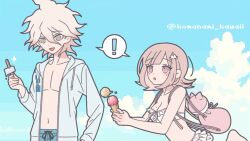 Rule 34 | 1boy, 1girl, :d, :o, animal bag, breasts, brown hair, cat bag, cloud, danganronpa (series), danganronpa 2: goodbye despair, danganronpa s: ultimate summer camp, day, flipped hair, galaga, hair ornament, hood, hooded jacket, jacket, komaeda nagito, komanami kawaii, long sleeves, medium hair, mole, mole on breast, nanami chiaki, open clothes, open jacket, open mouth, pink bag, pink eyes, smile, spaceship hair ornament, white jacket