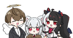 Rule 34 | 1boy, 2girls, :d, animal ear fluff, animal ears, animal hands, black hair, black jacket, black wings, blush, bow, brown gloves, brown hair, cat ears, chibi, closed eyes, collared shirt, commentary, demon horns, demon wings, dress, dress shirt, gloves, grey hair, hair between eyes, hair bobbles, hair ornament, hakase fuyuki, hakase fuyuki (1st costume), halo, horns, jacket, kagami hayato, kagami hayato (1st costume), kemonomimi mode, multicolored hair, multiple girls, nijisanji, nozo (hitomiz), open mouth, paw gloves, pink hair, red bow, red eyes, shirt, short sleeves, simple background, smile, streaked hair, striped clothes, striped dress, twintails, two-tone hair, upper body, vertical-striped clothes, vertical-striped dress, virtual youtuber, white background, white shirt, white wings, wings, yorumi rena, yorumi rena (1st costume)