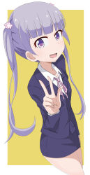 Rule 34 | 1girl, business suit, collarbone, dot nose, feet out of frame, female focus, formal clothes, hair ornament, highres, legs, long hair, long sleeves, looking at viewer, new game!, open mouth, purple eyes, purple hair, solo, standing, suit, suzukaze aoba, tarokichi, v