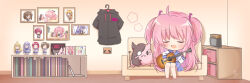 Rule 34 | 1girl, :d, ahoge, angel beats!, black hoodie, blue sailor collar, blue skirt, blush, bookshelf, character doll, chibi, closed eyes, commentary, couch, doll, facing viewer, fangs, girls dead monster, guitar, hair between eyes, happy, heart, highres, hinata hideki, hisako (angel beats!), holding, holding instrument, hood, hoodie, indoors, instrument, irie miyuki, iwasawa masami, long hair, long sleeves, miniskirt, music, on couch, open mouth, photo (object), pink hair, playing instrument, pleated skirt, sailor collar, sekine shiori, shinda sekai sensen uniform, shirt, sidelocks, signature, sitting, skirt, smile, solo, stuffed animal, stuffed toy, two side up, utuigawa, very long hair, wedding, white shirt