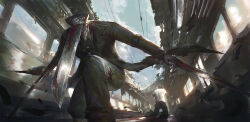 2boys absurdres amputee armless_amputee black_coat black_pants blood blood_on_clothes bloody_weapon chainsaw chainsaw_man coat denji_(chainsaw_man) double_amputee hat highres katana katana_man_(chainsaw_man) kneeling leo-dont-want-to-be-a-painter military_hat multiple_boys on_one_knee pants rubble shirt squatting sword train_interior weapon white_shirt