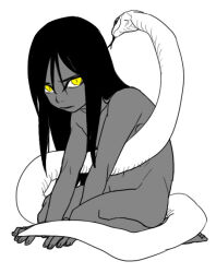 aged_down black_hair eyeliner glowing glowing_eyes greyscale hair_between_eyes kutuyatti limited_palette long_hair makeup male_focus monochrome naruto_(series) nude orochimaru_(naruto) sitting_on_leg snake solo tongue tongue_out white_background yellow_eyes