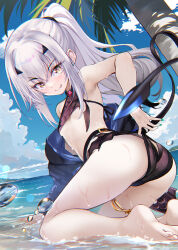 Rule 34 | 1girl, ass, bare shoulders, barefoot, beach, bikini, black bikini, blue sky, blush, breasts, fate/grand order, fate (series), forked eyebrows, high ponytail, highres, hitsujibane shinobu, jewelry, kneeling, long hair, long sleeves, looking at viewer, melusine (fate), melusine (swimsuit ruler) (fate), melusine (swimsuit ruler) (first ascension) (fate), off shoulder, ponytail, shore, shrug (clothing), sidelocks, sky, small breasts, smile, solo, swimsuit, thigh strap, thighlet, tongue, tongue out, wet, white hair, yellow eyes