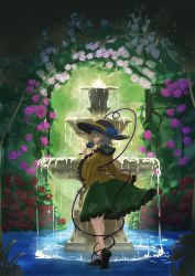1girl absurdres arch black_hat black_shoes blouse blue_flower blue_rose bush closed_mouth commentary floral_arch floral_print flower fountain frilled_shirt_collar frilled_sleeves frills from_side full_body gengetuhime grass green_eyes green_hair green_skirt hat hat_flower highres holding holding_flower komeiji_koishi long_sleeves looking_at_viewer pink_flower pink_rose red_flower red_rose rose rose_print shirt shoes short_hair sideways_glance skirt smile standing third_eye touhou wading water white_flower white_rose wide_sleeves yellow_shirt