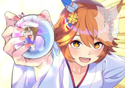 +_+ 2girls bow cheval_grand_(umamusume) clover_hair_ornament collarbone commentary_request daruma_doll doushi_tatsu_to_dekkai_no ear_covers flipped_hair four-leaf_clover_hair_ornament hair_between_eyes hair_ornament hakama hat highres holding_orb japanese_clothes long_sleeves matikanefukukitaru_(umamusume) multiple_girls open_mouth orange_eyes orange_hair orb peaked_cap purple_shirt school_uniform serafuku shirt short_hair single_ear_cover speech_bubble tongue tracen_school_uniform translation_request umamusume white_bow white_hakama white_hat winter_uniform