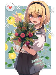 1girl black_skirt blonde_hair border bouquet commentary_request dated fang flower food fruit hair_between_eyes heart highres higurashi_no_naku_koro_ni holding holding_bouquet houjou_satoko leaf lemon lemon_slice looking_at_viewer medium_hair mizuno374 outside_border pleated_skirt red_eyes red_flower red_rose rose skirt smile solo sparkle spoken_heart standing w white_border