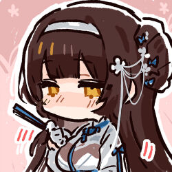 1girl blush breasts brown_hair chibi chibi_only chinese_commentary cui_pi_zha_xia_qiu daiyan_(neural_cloud) girls&#039;_frontline girls&#039;_frontline_neural_cloud hairband hand_fan holding holding_fan large_breasts long_hair mole mole_under_eye no_mouth nose_blush official_art second-party_source solo type_95_(girls&#039;_frontline) yellow_eyes