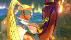 2019 2girls 3d ancient_egyptian artist_request asymmetrical_docking aurora bandages blonde_hair blue_eyes breast_press breasts cosplay dark-skinned_female dark_skin domino_mask highleg highleg_leotard large_breasts leotard looking_at_another mask medium_breasts menat multiple_girls purple_hair rainbow_mika rainbow_mika_(cosplay) screencap shiny_skin smile street_fighter street_fighter_v twintails