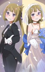 Rule 34 | 1girl, absurdres, bare shoulders, before and after, birrrrrrri18, black jacket, black pants, blue bow, blue flower, blue ribbon, blue rose, blush, bouquet, bow, breasts, bridal veil, bride, brown hair, choker, cleavage, collarbone, collared shirt, dress, dress shirt, dual persona, elbow gloves, flower, folded ponytail, formal clothes, gloves, grin, hair ribbon, hair rings, highres, holding, holding bouquet, jacket, long hair, long sleeves, looking at viewer, multiple girls, multiple views, neck ribbon, nogi wakaba, nogi wakaba wa yuusha de aru, pant suit, pants, parted lips, ponytail, purple eyes, purple ribbon, reaching, reaching towards viewer, ribbon, rose, shirt, small breasts, smile, split screen, standing, strapless, strapless dress, suit, teeth, veil, very long hair, wedding dress, white choker, white dress, white gloves, white shirt, yuusha de aru