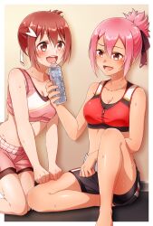 2girls :d akamine_yuuna bare_arms barefoot bike_shorts bike_shorts_under_shorts black_shorts blush bottle breasts brown_eyes cleavage eda_udon highres holding holding_bottle kneeling medium_breasts midriff multiple_girls open_mouth pink_hair pink_shorts pink_sports_bra plastic_bottle red_hair red_sports_bra short_hair short_shorts shorts siblings sisters sitting small_breasts smile sports_bra stomach sweatdrop water_bottle yuuki_yuuna yuuki_yuuna_wa_yuusha_de_aru yuusha_de_aru