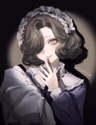 1girl :d absurdres black_hair blanket dark_background dated dress finger_to_mouth hair_over_one_eye hand_up highres holding holding_blanket long_sleeves looking_at_viewer maid maid_headdress one_eye_covered open_mouth pink_eyes purple_dress reverse:1999 shadow short_hair smile solo spotlight swaddled tuesday_(reverse:1999) upper_body yiyi_jiang_si_le