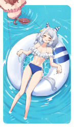 2girls =_= absurdres animal_ears bikini breasts brown_hair cleavage closed_mouth collarbone dantsu_flame_(umamusume) grey_hair highres hishi_miracle_(umamusume) horse_ears horse_girl horse_tail innertube medium_breasts multiple_girls navel rbxlaifjzlilxep swim_ring swimsuit tail twitter_username umamusume water