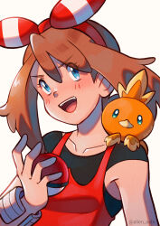 1girl :d absurdres alien_ashi artist_name black_undershirt blue_eyes bow bow_hairband brown_hair collarbone dated gen_3_pokemon hair_between_eyes hair_bow hairband highres holding holding_poke_ball may_(pokemon) nintendo on_shoulder open_mouth poke_ball poke_ball_(basic) pokemon pokemon_(creature) pokemon_on_shoulder pokemon_oras red_bow red_hairband red_shirt shirt short_hair smile teeth torchic twitter_username upper_body upper_teeth_only white_background
