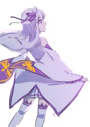 Rule 34 | 1girl, absurdres, emilia (re:zero), from side, highres, long hair, looking to the side, open mouth, purple eyes, re:zero kara hajimeru isekai seikatsu, rv (gvdn7245), silver hair, smile, solo, thighhighs, zettai ryouiki