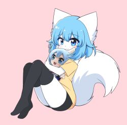 1girl :3 animal_ear_fluff animal_ears bare_shoulders bike_shorts black_shorts black_thighhighs blue_eyes blue_hair blush bob_cut character_doll closed_mouth commentary doll dot_nose english_commentary full_body furry furry_female hair_between_eyes highres holding holding_doll holding_stuffed_toy hugging_doll hugging_object indie_virtual_youtuber knees_up looking_at_viewer merchandise no_shoes off-shoulder_shirt off_shoulder photo_inset pink_background shirt short_hair short_shorts short_sleeves shorts simple_background sitting smile solo stuffed_toy tail thick_eyelashes thighhighs thighs virtual_youtuber white_fur white_tail wolf_ears wolf_girl wolf_tail wolfychu wolfychu_(artist) yellow_shirt
