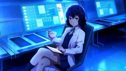 1girl black_hair crossed_legs cup holding holding_cup lab_coat looking_at_viewer monitor nunotaba_shinobu official_art school_uniform sitting skirt solo tablet_pc toaru_majutsu_no_index toaru_majutsu_no_index:_imaginary_fest