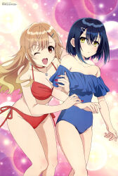 2girls :d :o absurdres bikini black_hair blue_one-piece_swimsuit blush breasts brown_eyes brown_hair cleavage collarbone fang grabbing_another&#039;s_arm hair_between_eyes hair_ornament hairclip highres jewelry large_breasts long_hair magazine_scan megami_magazine multiple_girls necklace off_shoulder official_art one-piece_swimsuit one_eye_closed open_mouth red_bikini sakou_yukie scan seiyuu_radio_no_uraomote short_hair sidelocks smile standing swimsuit utatane_yasumi yellow_eyes yuugure_yuuhi
