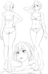 Rule 34 | 1girl, arm behind head, ass, back, blush, bow, bow bra, bow panties, bra, breasts, cleavage, crossed arms, d:, from behind, full body, hand on back, lineart, medium breasts, monochrome, multiple views, navel, open mouth, original, panties, profile, ryuuta (msxtr), short hair, standing, teeth, underwear, underwear only, upper teeth only