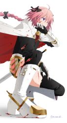 1boy absurdres armor artist_name astolfo_(fate) black_bow blood blood_on_clothes blood_on_face blood_on_hands boots bow braid cloak coat crossdressing fate/apocrypha fate/grand_order fate_(series) fur-trimmed_coat fur_trim hair_bow hand_on_own_chin hand_on_own_knee highres injury knee_boots minoe08 multicolored_cloak multiple_hair_bows pink_hair red_cloak scratches single_braid torn_cloak torn_clothes trap traum_(fate/grand_order) twitter_username white_cloak