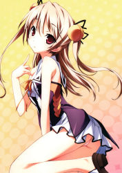 1girl absurdres ass baldr_sky bare_shoulders blonde_hair female_focus hair_ornament hair_ribbon highres kikuchi_seiji kneeling legs long_hair minazuki_sora panties pantyshot pink_panties pointing pointing_at_self red_eyes ribbon skirt solo twintails underwear upskirt