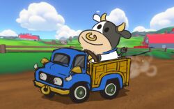 animal animal_ears artist_request cloud commentary concept_art cow cow_horns cow_tail english_commentary face_piercing farm go-kart highres horns mario_(series) mario_kart mario_kart_world moo_moo_(mario) nintendo no_humans nose_piercing nose_ring official_art piercing smile solo tail