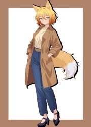 1girl absurdres alternate_costume animal_ears belt blonde_hair coat denim fox_ears fox_girl fox_tail hair_between_eyes high_heels highres jeans kudamaki_tsukasa long_sleeves nara_(gsx250r_anzio) pants short_hair tail touhou