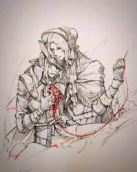 2girls ascot blood blood_on_clothes bloodborne bonnet brown_cloak cloak coat doll_joints dress gloves hat highres joints lady_maria_of_the_astral_clocktower long_hair multiple_girls needle plain_doll ponytail ranknife sewing_needle simple_background thread tricorne white_hair
