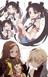 2boys 2girls arm_tattoo black_hair blonde_hair blue_eyes breasts brown_eyes brown_hair chacha_(fate) closed_eyes crying fate/grand_order fate_(series) green_eyes grey_hair headpat highres ishida_mitsunari_(fate) iyo_(fate) meiji_ken multiple_boys multiple_girls shoulder_tattoo shusha_(fate) sideboob signature tattoo twintails