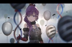 1girl asahina_mafuyu balloon bare_shoulders black_dress blue_eyes breasts dress elbow_gloves gloves jewelry letterboxed long_hair looking_at_viewer necklace official_alternate_costume project_sekai purple_hair red_gloves solo unreliable_notes_(project_sekai) upper_body wado84692