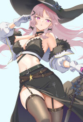1girl absurdres bandeau bare_shoulders belt black_bandeau black_hat black_skirt breasts brown_thighhighs cleavage commentary_request cropped_jacket epic_seven floating_hair fur_trim garter_straps gloves hand_up hat highres jacket konjou lilias_(epic_seven) long_hair long_skirt looking_to_the_side medium_breasts midriff multiple_belts navel off_shoulder open_clothes open_jacket open_mouth pink_eyes pink_hair side_slit skirt solo stomach strapless sun_hat thighhighs thighs tube_top white_gloves white_jacket