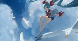 1girl absurdres aqua_eyes aqua_hair bare_legs bird black_sailor_collar black_shoes black_shorts blue_skirt blurry blurry_foreground bow cloud cloudy_sky commentary floating floating_hair full_body hair_bow hair_ornament hairpin hatsune_miku highres red_bow sailor_collar seagull see-through_clothes see-through_shirt sekiranun_graffiti_(vocaloid) shirt shoes shorts simple_bird skirt sky smile solo tlseone vocaloid white_shirt wrist_bow