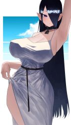 1girl armpits black_hair breasts dress hair_over_one_eye hazuki_kazue highres large_breasts long_hair looking_at_viewer original pointy_ears solo white_dress