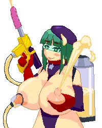 bottle breastless_clothes breastless_leotard breasts cow_tits dirty dirty_face female_pervert goggles goggles_on_eyes hand_milking heart heart-shaped_pupils highleg highleg_leotard huge_breasts lactation leotard lowres milk_bottle milk_gun milking milking_machine naughty_face nipple_stimulation nipple_tweak pervert pixel_art smile symbol-shaped_pupils